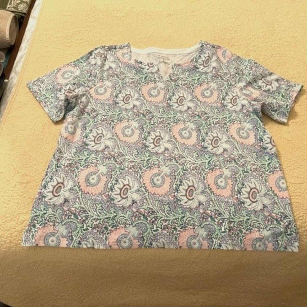 TALBOTS Split-Neck Tee, short sleeve, blue print, 3X